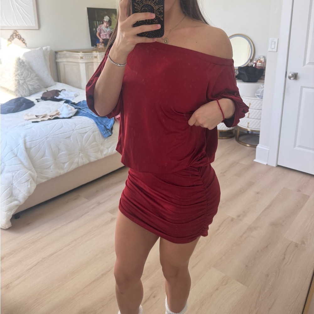 Off-Shoulder Red Women’s Ruched Mini Dress